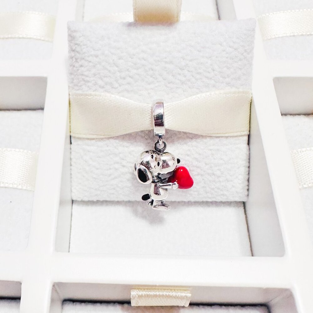 925 Sterling Silver Snoopy With Red Heart Dangle Charm Fits Pandora Bracelets